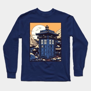 Blue illustration of tardis in Japan on sunset Long Sleeve T-Shirt